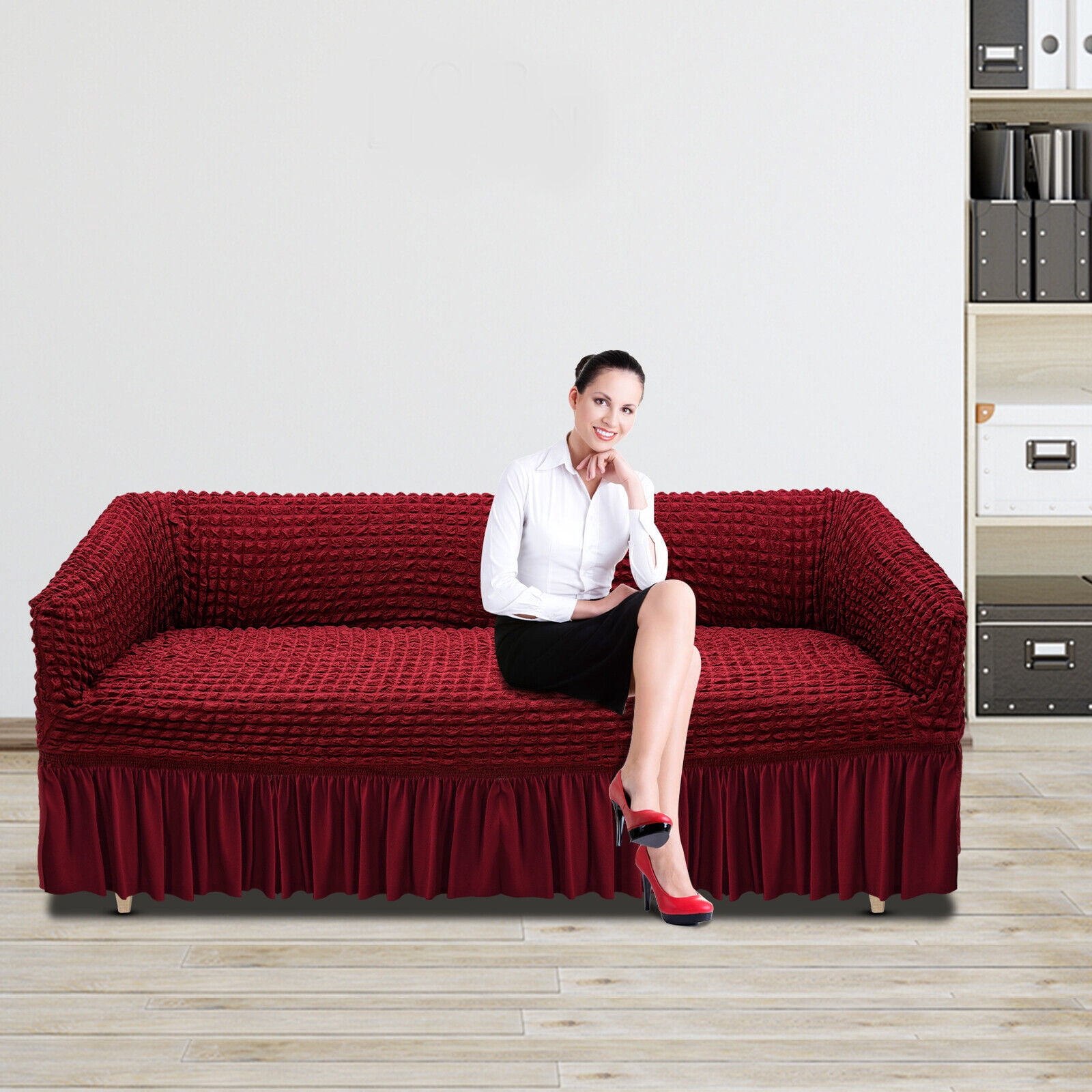 Durable Sofa Couch Cover with Skirt, High Elastic Sofa Slipcover, Stretch Slipcover Universal High Elastic Furniture Protector (Wine Red)