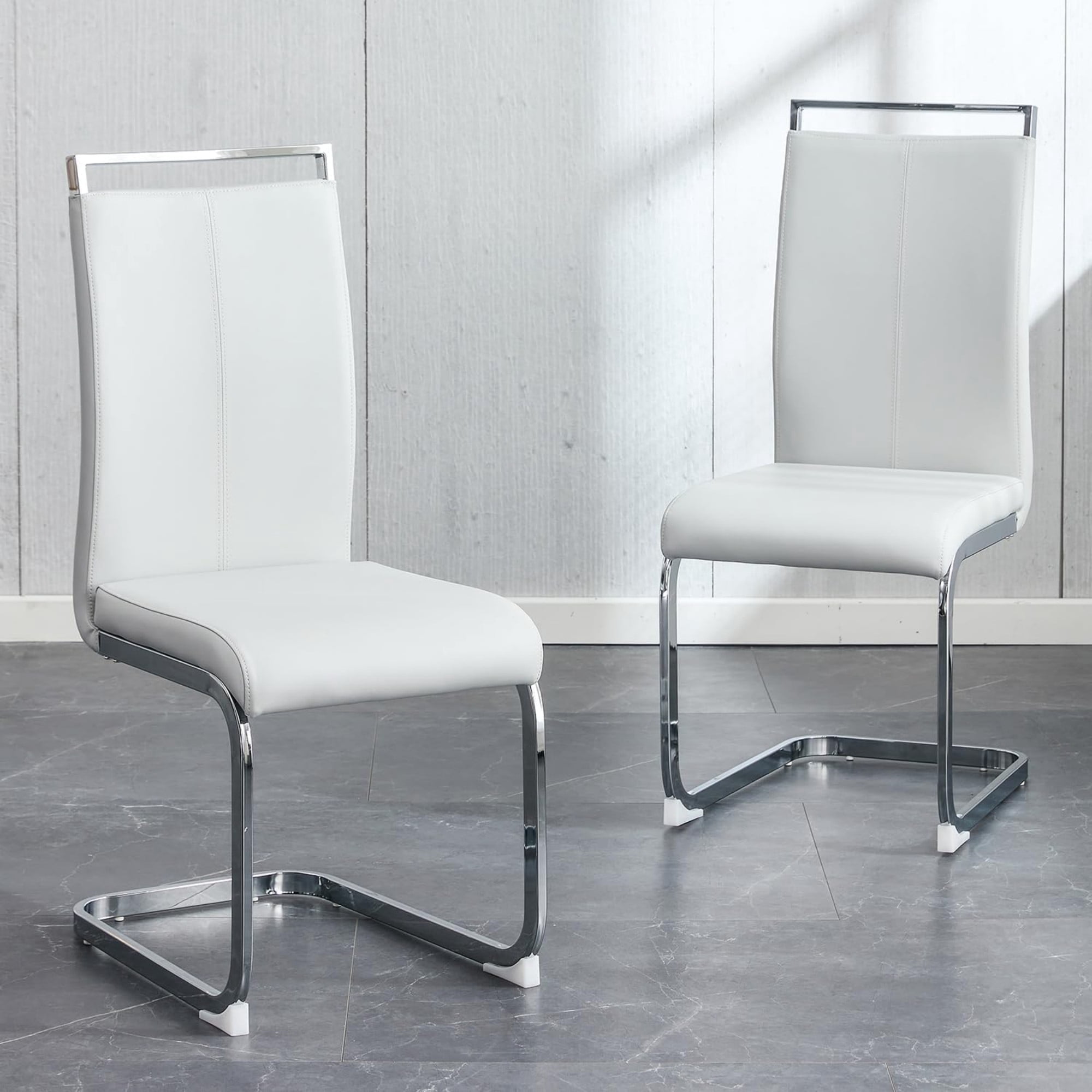 SUDICA Dining Chairs Set of 2, Light Gray PU Leather Upholstered Kitchen Chairs with Chrome Legs