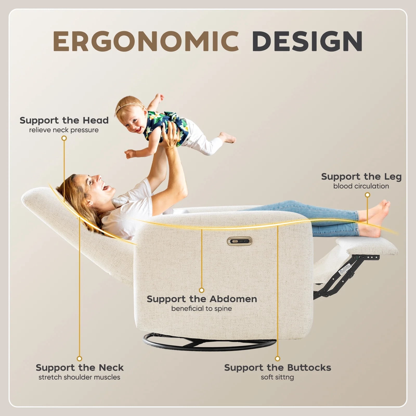 JULY'S SONG Power Glider Recliner Chair, 270°Swivel Rocker Reclining Chair with USB Ports for Nursery, Cream