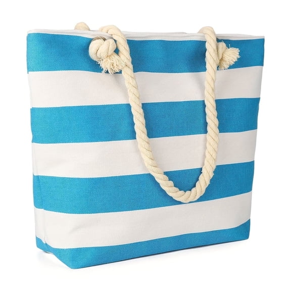 Large Capacity Striped Canvas Tote Bag, Waterproof and Sandproof with Rope Handles Beach Bag