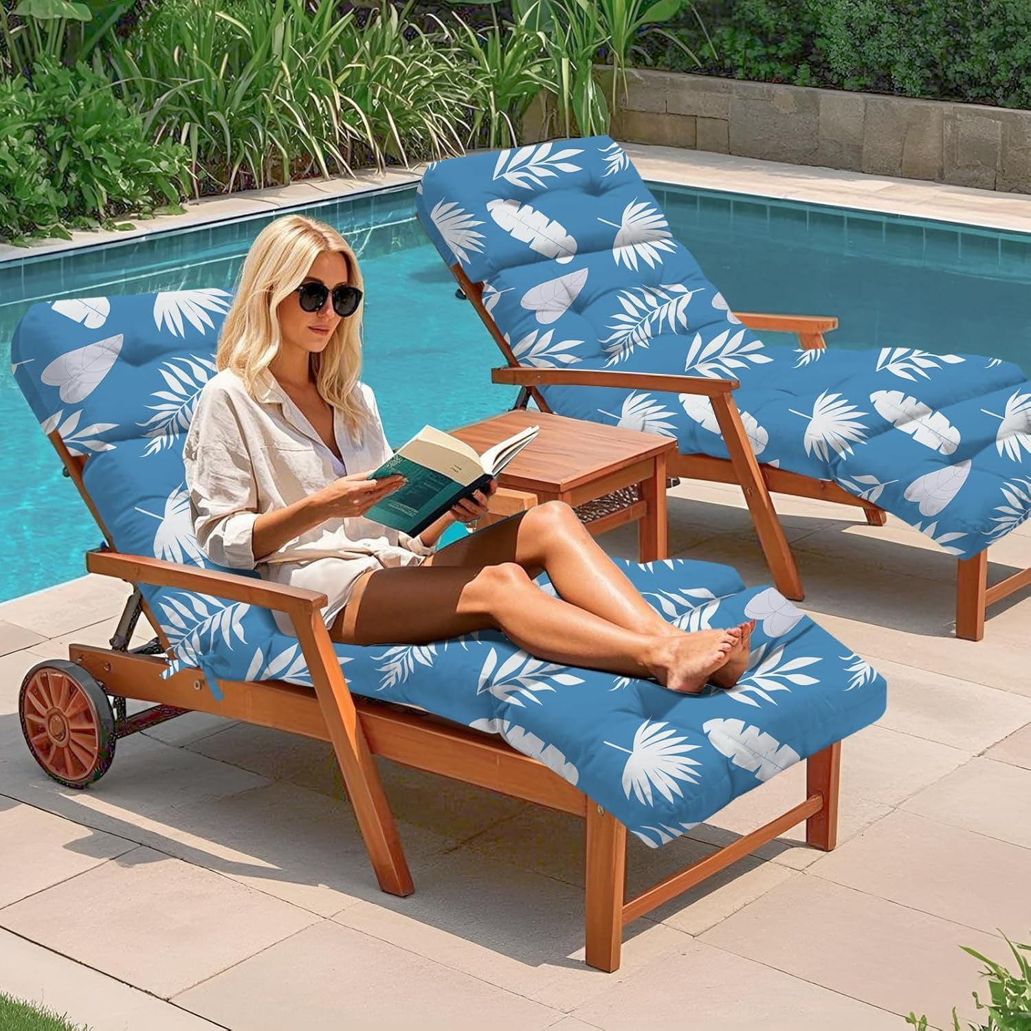 Outdoor Chaise Lounge Chair Cushion 75.1 x 22.8 x 4.7 Inches 100% Waterproof Replacement Cotton Patio Pool Lounge Chair Cushion for Outdoor Furniture with Ties, Blue Leaf