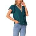 thumbnail image 4 of Unique Bargains Hauts à Manches Courtes pour Femmes Blouse Décontractée Col en V Bleu Paon L, 4 of 6