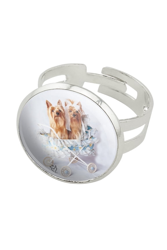 Yorkie Yorkshire Terriers Dog Baby Stroller Silver Plated Adjustable Novelty Ring