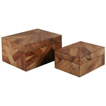 Benjara Alia Decor Storage Box Set of 2, Rectangular, Geometric Brown Wood Tones
