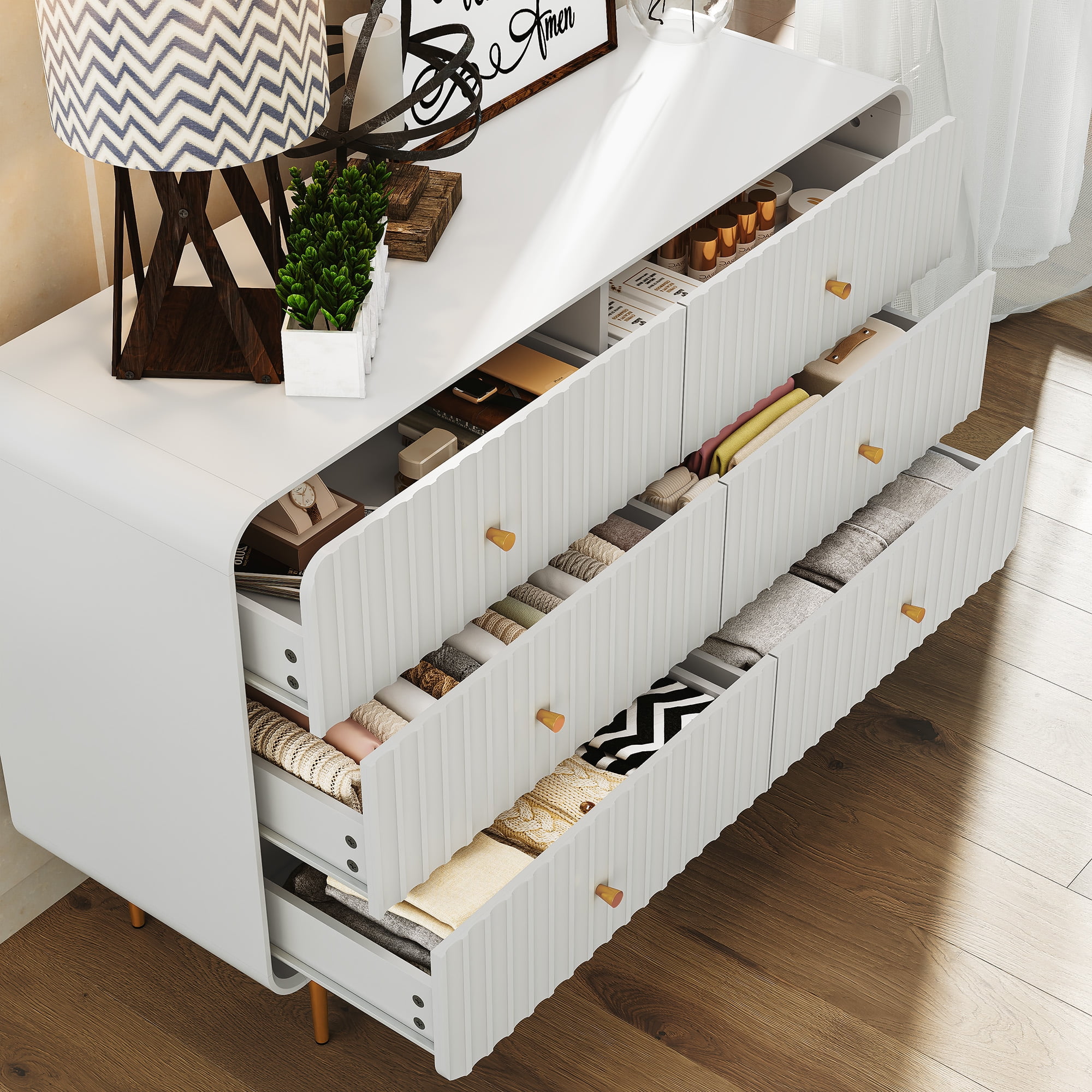 HLR 6 Drawers Dresser for Bedroom, 54'' W Modern Fluted Storage Chest of Drawers for Hallway, White