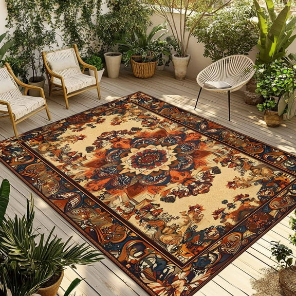 Fsddascl Bohemian Flower Outdoor Rug for Patio/Deck/Porch, Non-Slip Large Area Rug 4 x 6 Ft, Boho Tribal Colorful Distressed Printed Indoor Outdoor Rugs Washable Area Rugs, Camping Rug Carpet