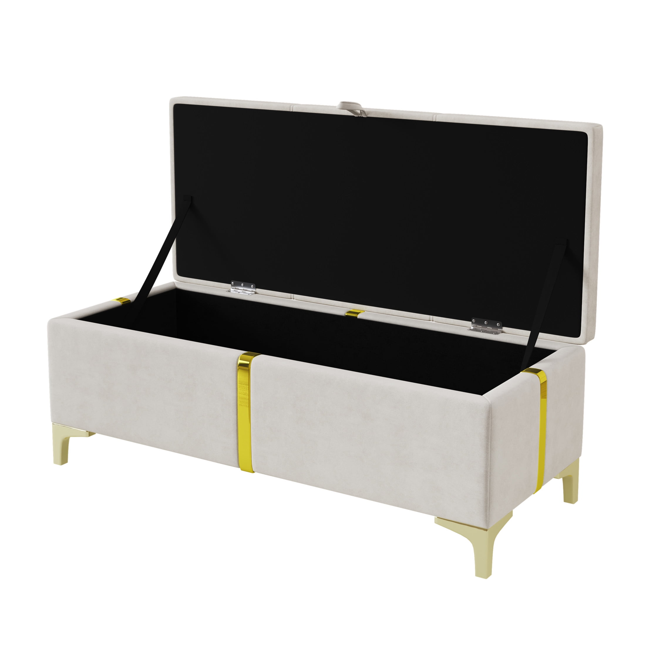 Noble House Elegant Upholstered Storage Ottoman Bench with Metal Legs, Bedroom & Living Room Storage Seat, Beige