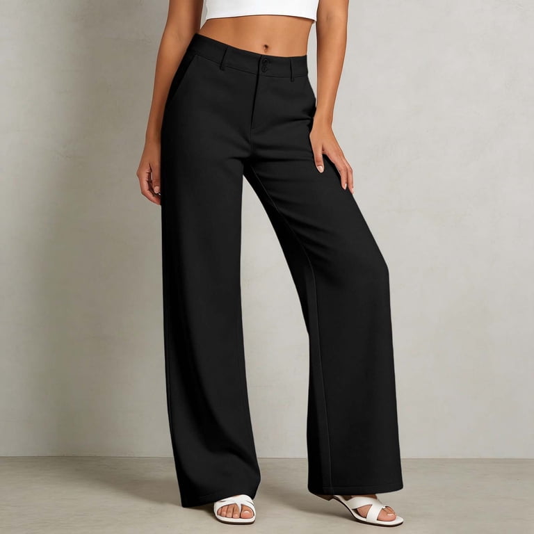 cheap ladies dress pants QHFBli Womens Low Rise Wide Leg Trousers Business Casual Work Dressy Low Waisted Straight Slacks Pants size_l/12
