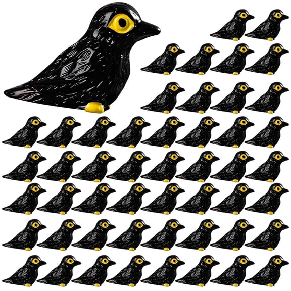 50 Pcs Mini Resin Crow Figures – Halloween Gothic Scene Accents, Black with Yellow Eyes, Realistic Detailing, Durable Resin, Versatile for Haunted House, Diorama, Party, Spooky Decor