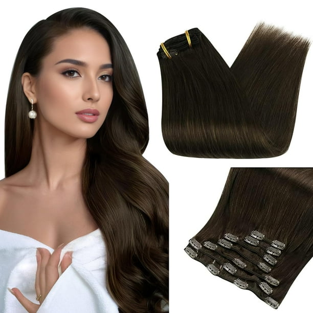 Extensiones de cabello con clip Full Shine, extensiones de cabello real de color marrón oscuro, extensiones de cabello con clip en cabello humano, extensiones de cabello marrón más oscuro, extensiones