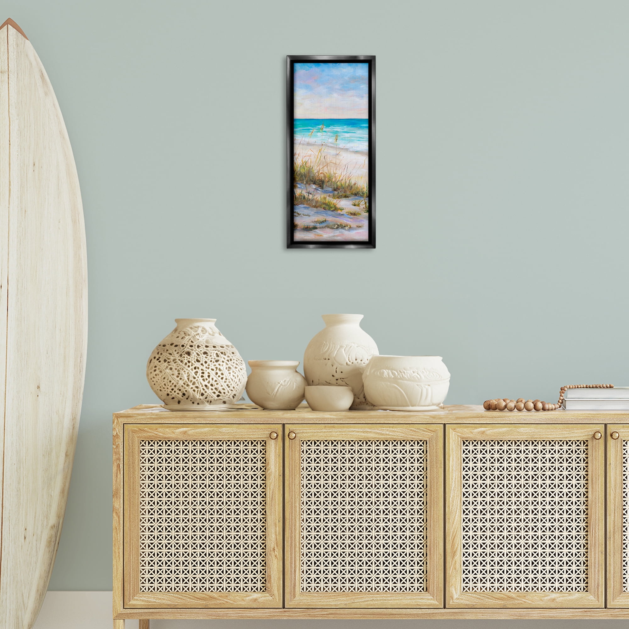 Stupell Industries Peaceful Beach Reeds Landscape Painting Black Floater Framed Canvas Art Print Wall Art, 11 x 25