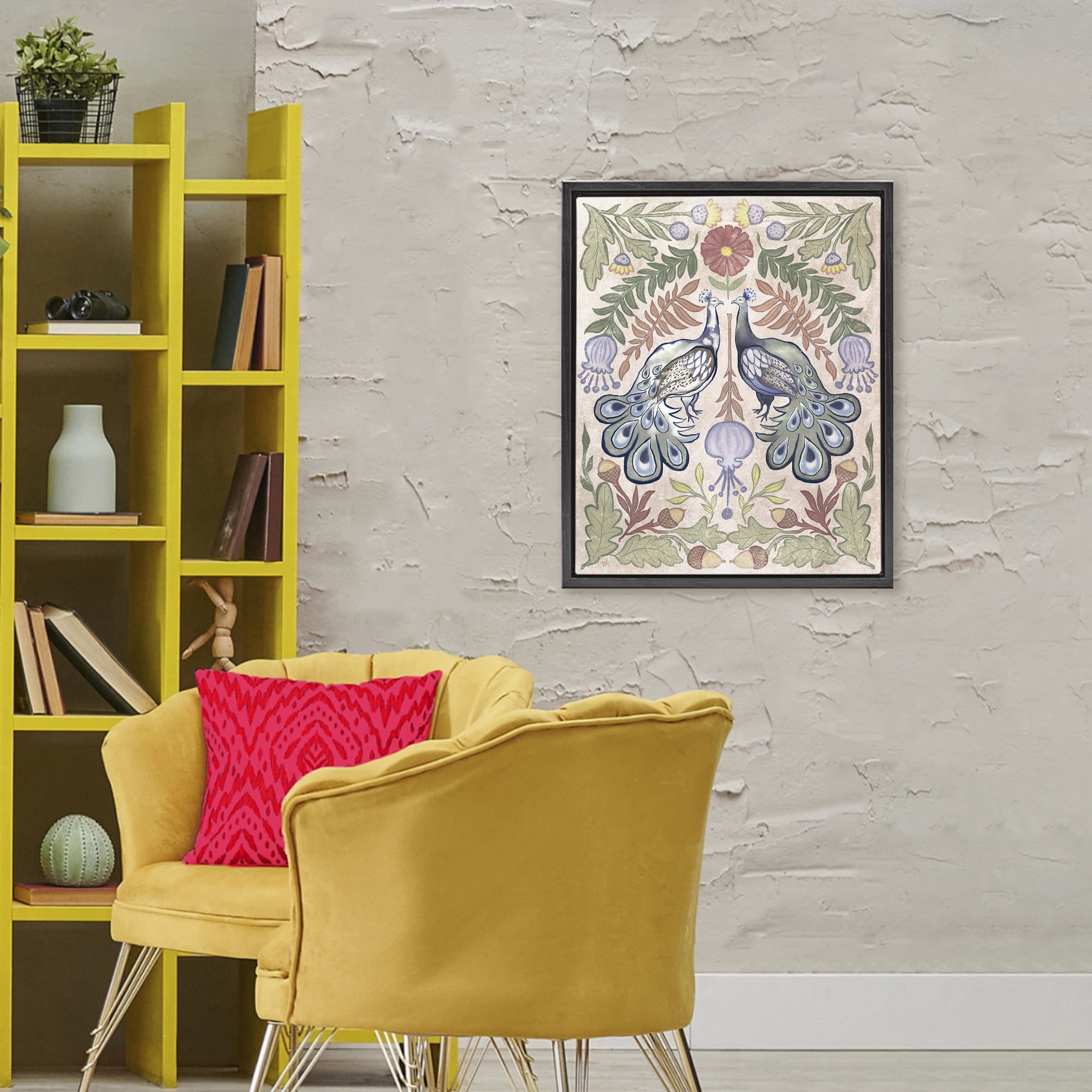 Stupell Industries Symmetrical Peacock & Flower Pattern Black Framed Floater Canvas Wall Art, design by Elizabeth Medley