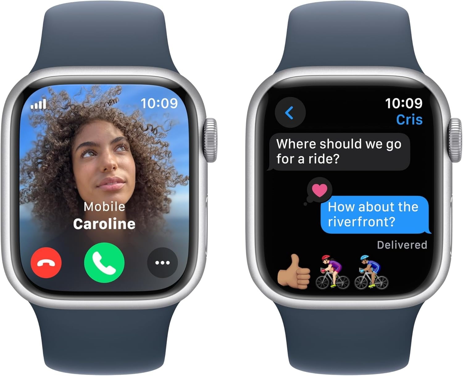 Restored Apple Watch Series 9 41mm GPS + Cellular 41mm Silver Aluminum Case with Storm Blue Sport Band S/M Like New