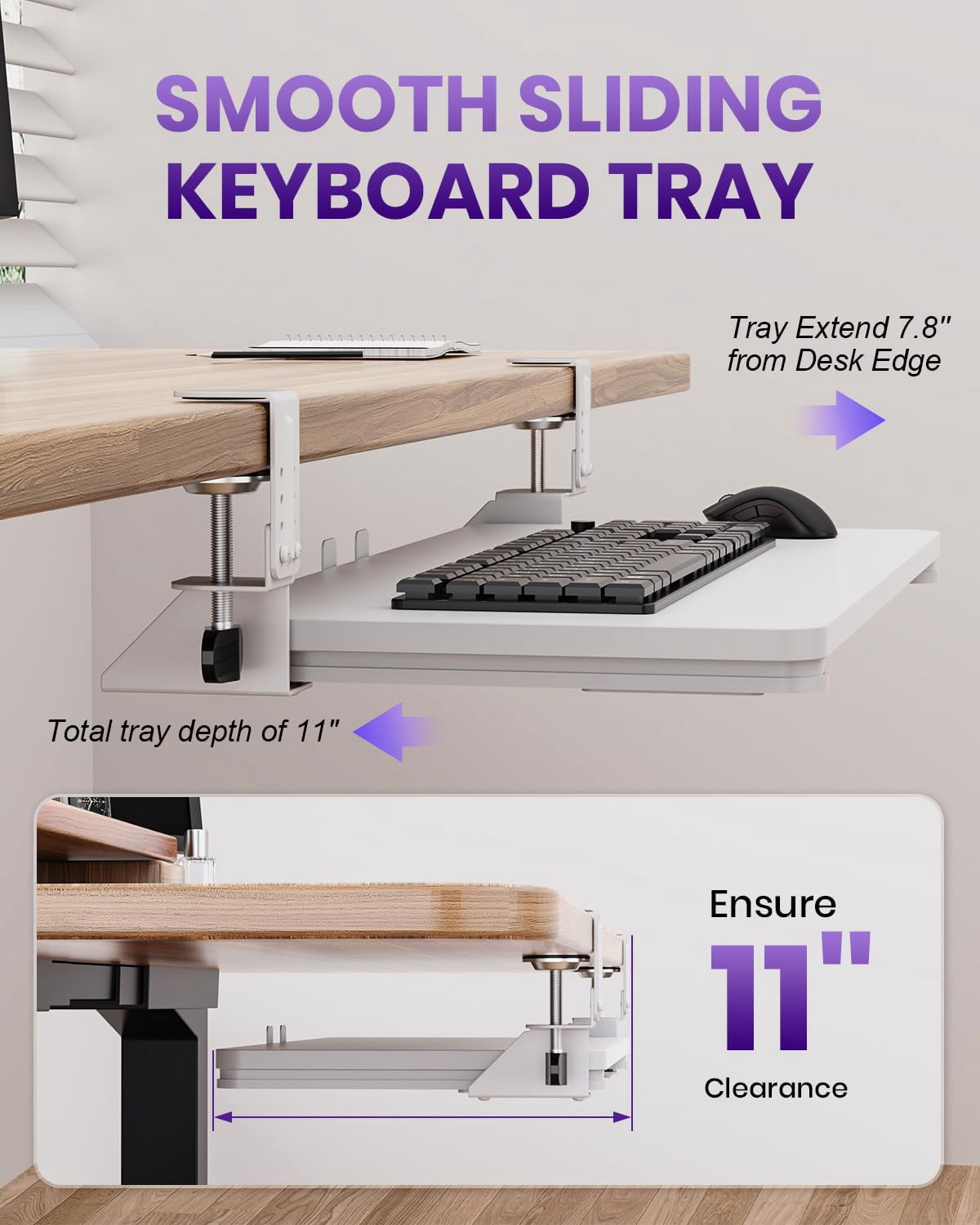 Mouse & Tray Under Desk  Pull Out With Adjustable C-clamp 20 (25.9 Including Clamps) X 11.8 Inch Slide Computer Drawer For Typing White