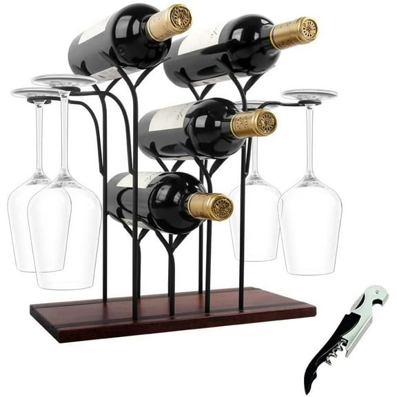 Tabletop Wood Wine Holder, Countertop Wine Rack, Hold 4 Wine Bottles and 4 Glasses, Perfect for Home Decor & Kitchen Storage Rack, Bar, Wine Cellar, Cabinet, Pantry, etc, Wood & Metal (Bronze)