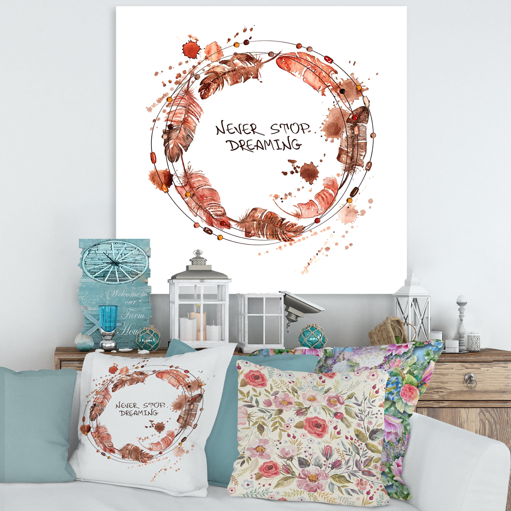 Impression Of Bird Feathers Wreath 30 in x 30 in Painting Canvas Art Print, by Designart