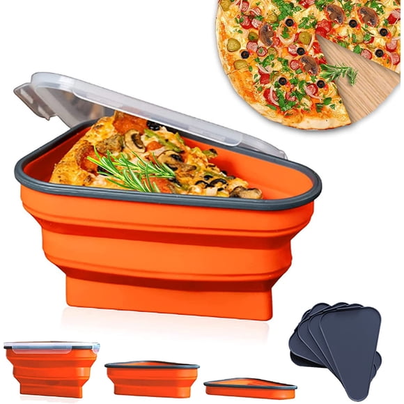 Queceuy reusable expandable pizza storage container includes 5 microwaveable heating trays, adjustable pizza boxes, space-saving pizza rack, and the rest of the pizza slice containers