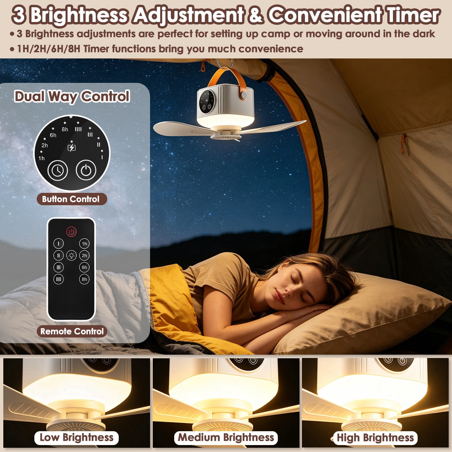 2 in 1 Camping Fan with LED Lantern Remote Control, 4 Wind Speeds 3 Light Brightness Timer Function 7200mAh Rechargeable Hanging Tent Fan
