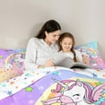 thumbnail image 4 of Feelyou Dreamy Unicorn Kids Bedding Comforter Set 7 Pieces, Cartoon Rainbow Cloud Full Bedding Set, Glitter Stars Print Reversible Fitted Sheet Flat Sheet, Microfiber Bedroom Decor, 4 of 7