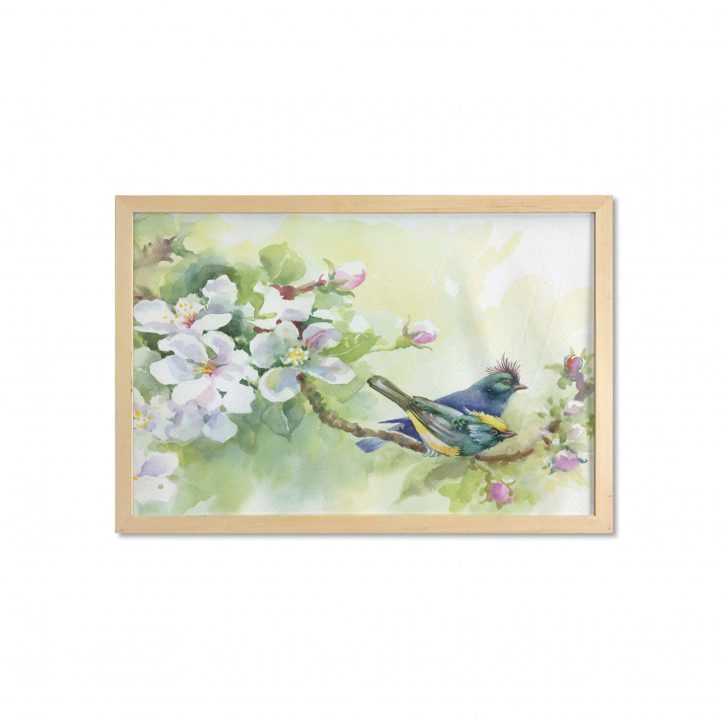 Flowers Wall Art with Frame, Watercolor Style Effect Birds of Spring on ...