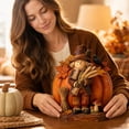 thumbnail image 3 of Wooden Scarecrow and Pumpkin Figurine with Harvest Wheat and Crow Accents, 1 Piece, Rustic Brown and Orange, for Farmhouse Tabletop, Fall Halloween Decoration, 3 of 3