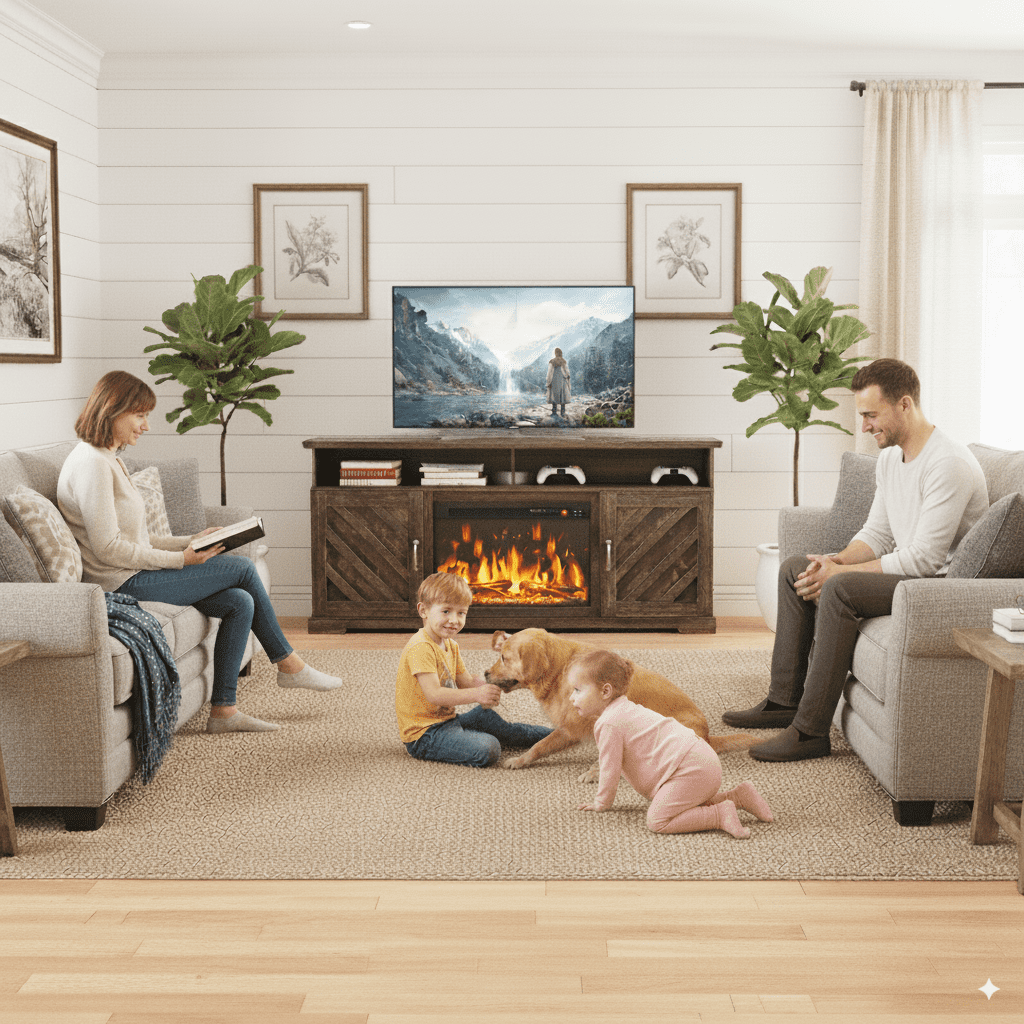 CHITOOMA Electric Fireplace TV Stand for 65 70 75 inch TV with Remote Control, Farmhouse Entertainment Center with 23″ Fireplace for Living Room, Bedroom,Vintage Brown