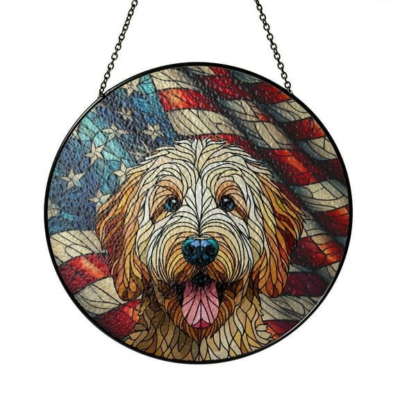 Patriotic Goldendoodle Stained Glass Portrait American Flag Stained Glass Suncatcher Doodle Dog Lover Gifts Idea Window Hanging Sign Decor - 01010