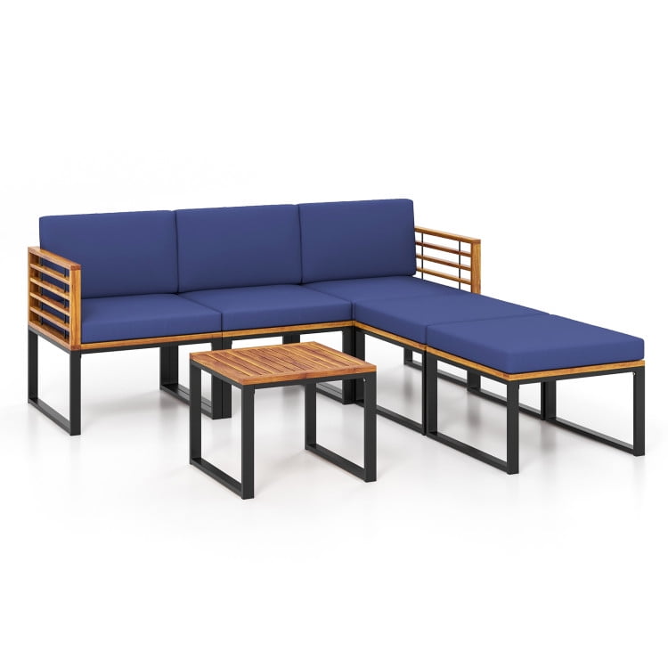 Aimee Lii 6 Pieces Patio Acacia Wood Conversation Set with Coffee Table, Patio Table and Chairs Set, Outdoor Patio Set, Navy Aimee Lii 6 Pieces Patio Acacia Wood Conversation Set with Coffee Table, Patio Table and Chairs Set, Outdoor Patio Set, Navy