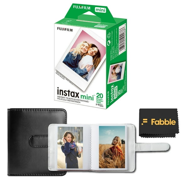 Fujifilm Instax Mini Twin Pack Instant Film (20 Exposures), bundled with a black Ideal Instax Mini Album (holds 32 photos), and a black microfiber cleaning cloth