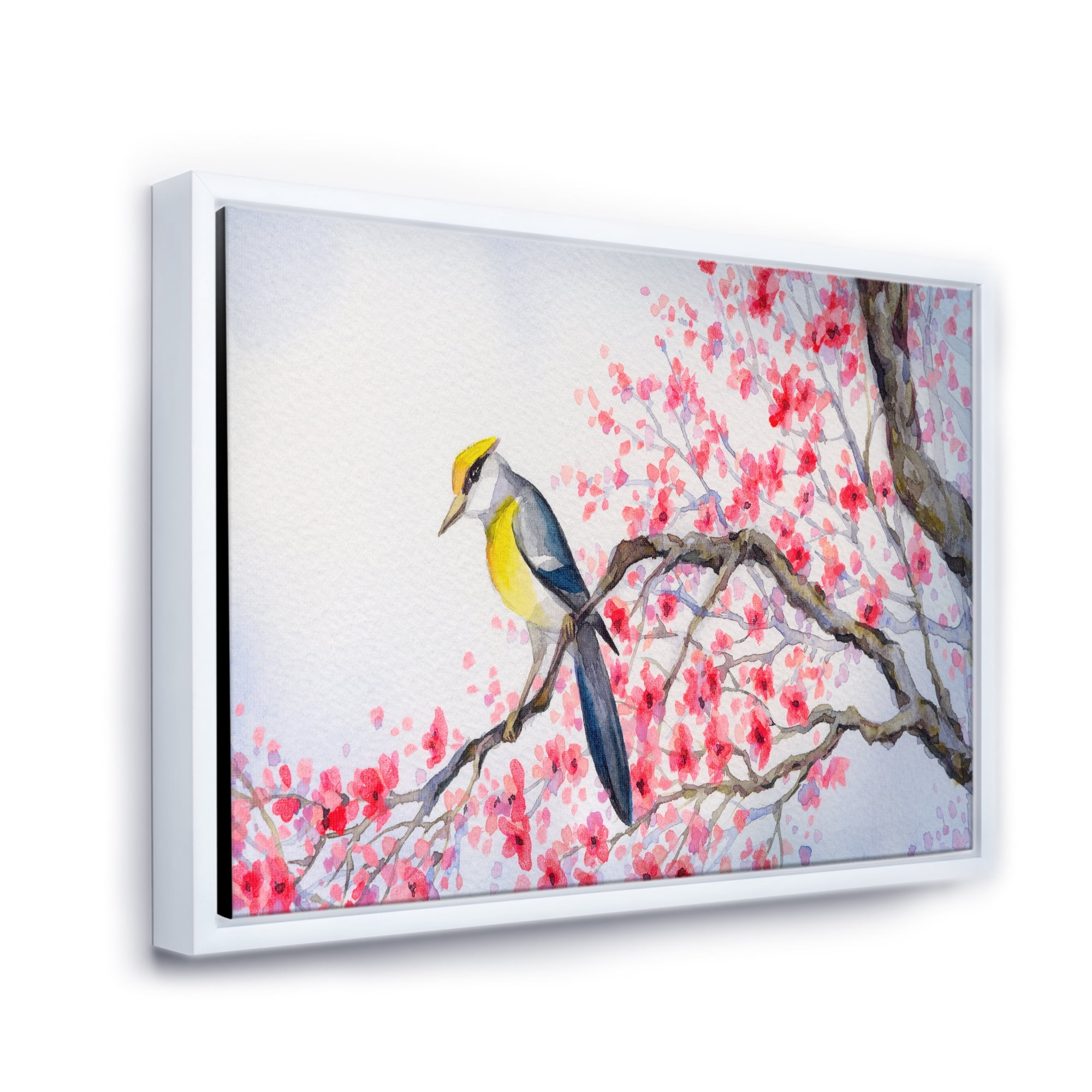 Beautiful Red Bird Sitting On Flowering Branch II 40 in x 30 in Framed Painting Canvas Art Print, by Designart
