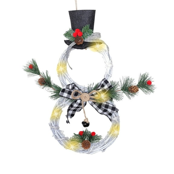 chaungfeng Christmas Snowman Wreaths for Front Door, Xmas Snowman Rattan Hanging Ornament with LED Light for Christmas Party Decor
