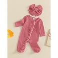 thumbnail image 3 of BemeyourBBs Newborn Baby Girl Boy Footed Romper Stripe Footie Jumpsuit Print Long Sleeve Ruffled Zipper Jumpsuits with Headband Spring Fall Winter Baby Essentials Clothes, 3 of 9