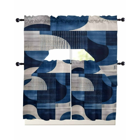 Vintage Blue Geometric Kitchen Curtains Sets 24 Inch Length with Valance, White Black Blue Abstract Swag Valances and Tiers Curtain Set Drapes Swag Curtains for Living Room, Bathroom, Bedroom, Cafe