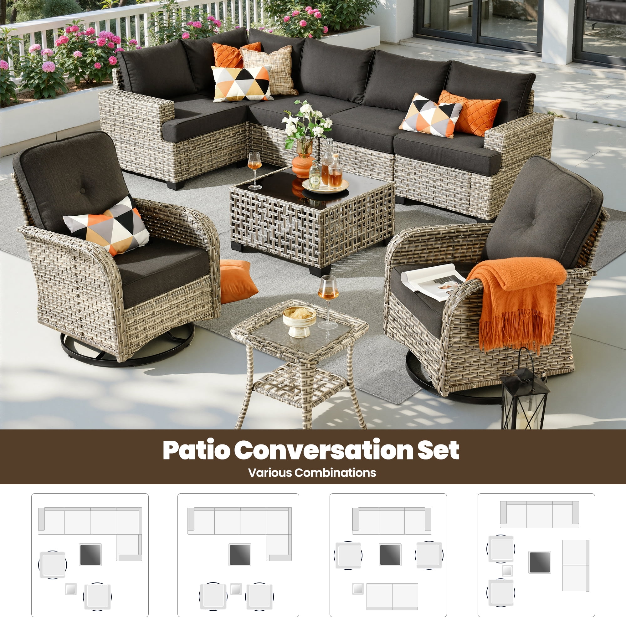 Toject 9 Pieces Patio Furniture Set Outside Furniture Wicker Patio Conversation Set with Swivel Chairs, Outdoor Furniture for Garden, Black