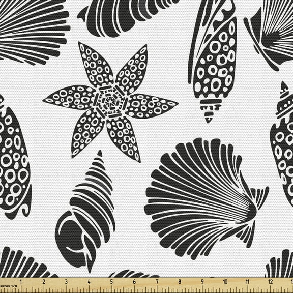 Ambesonne Underwater Fabric by the Yard Upholstery, Monochrome Seashells, 10 Yards, Charcoal Grey and White