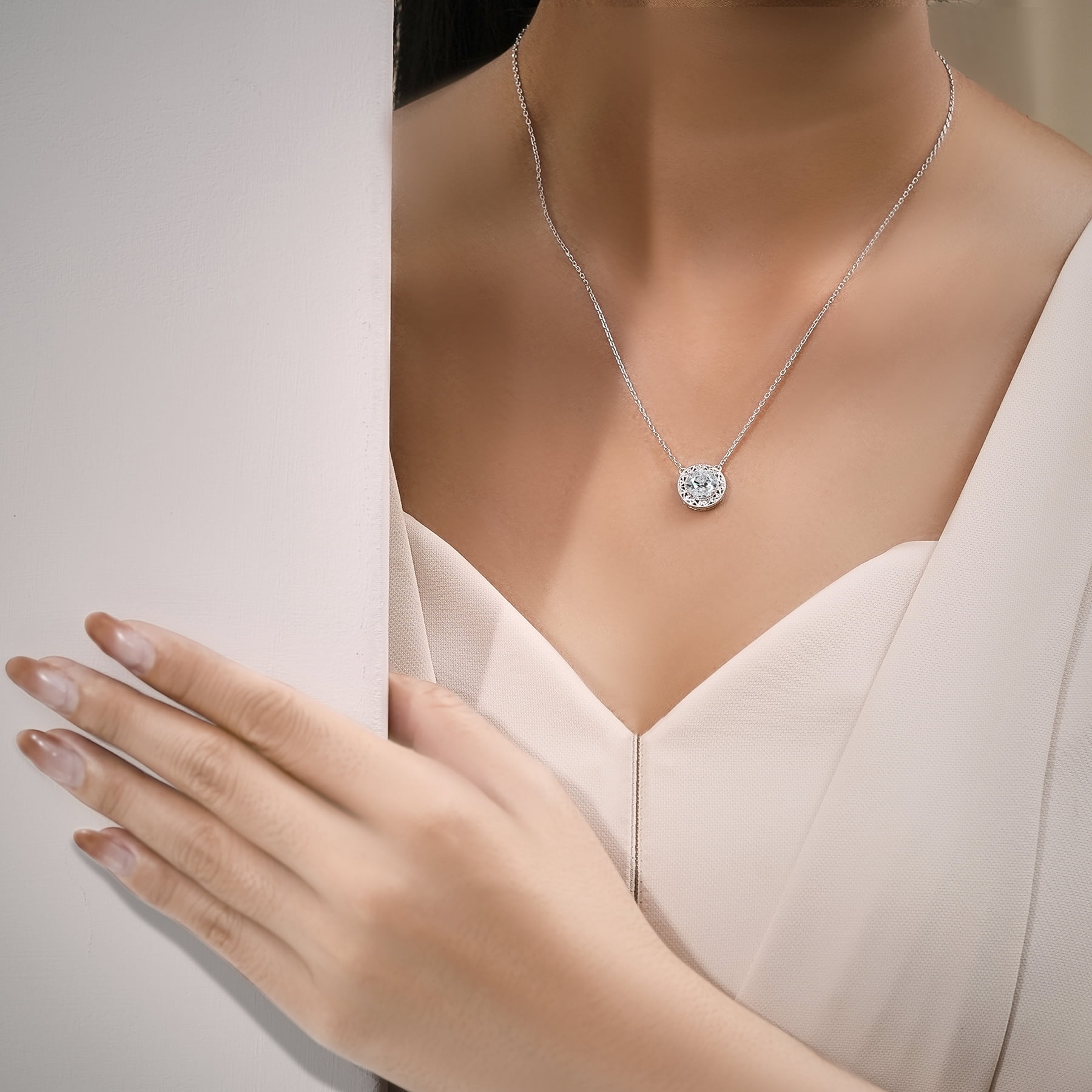 JeenMata 2 Carat Round Moissanite Pendant Necklaces - Vintage Inspired Pendant Necklace in 18K White Gold Plating Jewelry for Women