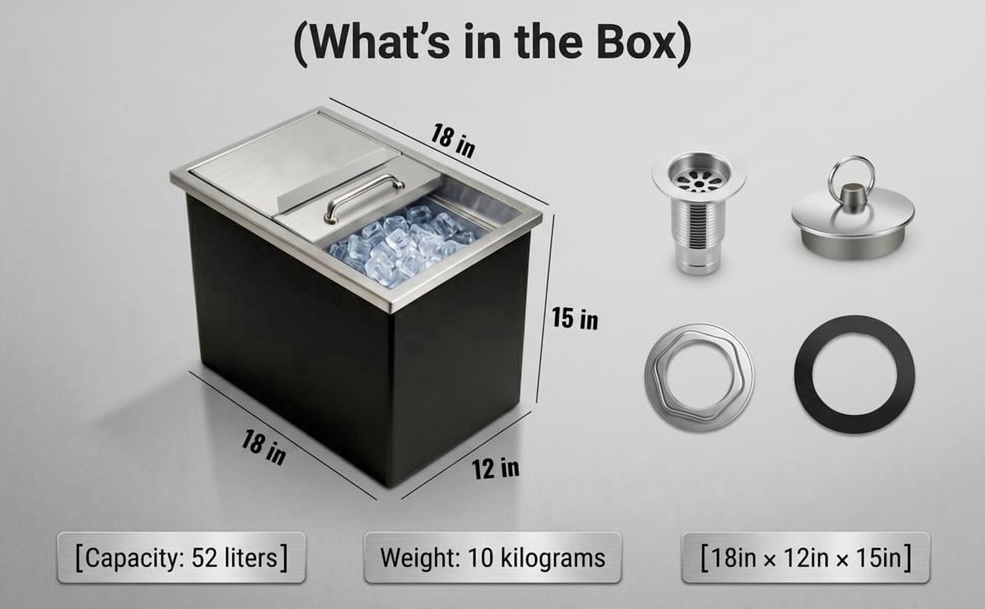 Undercounter Drop In Ice Chest,Stainless Steel Ice Cooler With 201 Grade Metal,Sliding Cover Prevents Debris Contamination,Commercial Ice Bin For Home Bar Or Cafe,52 L
