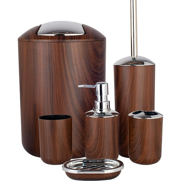 Bathroom Accessories Set 6 Piece Plastic Bath Ensemble Soap Dispenser Toothbrush Holder, Tumbler Soap Dish Soap Saver Trash Can Toilet Brush Holder Decorative Countertop Bathroom Accessoy Set (Brown)