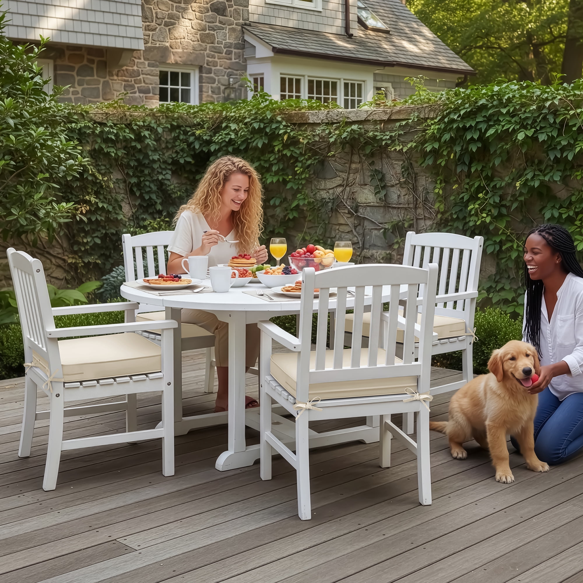 Outdoor Chair Cushions Set of 4, Waterproof & Fade Resistant Deep Seat Cushion for Patio Furniture - 24 x 24 x 3 Inch Chair Pads with Ties and Hidden Zipper, Beige