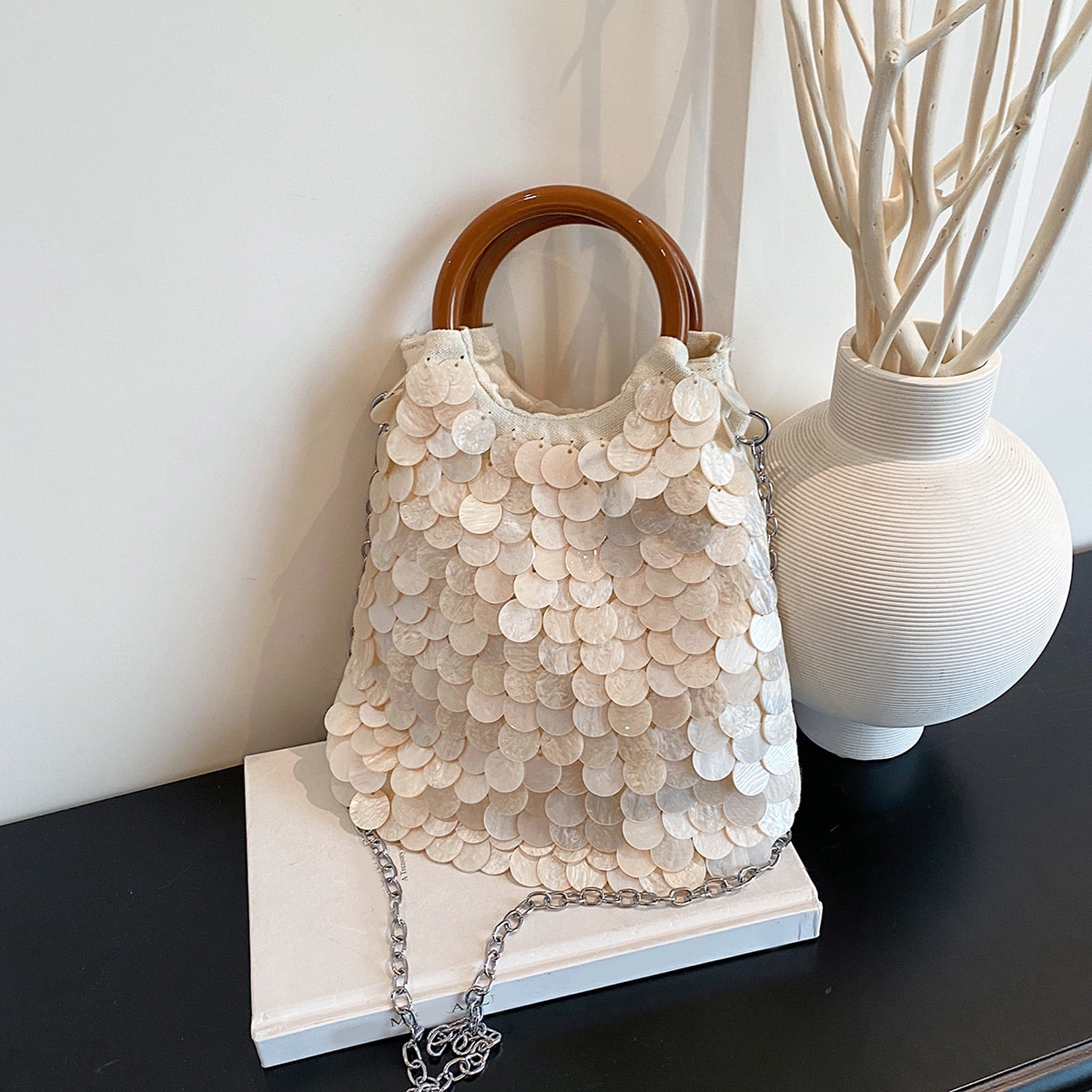 Daily Clutch Handbag Lightweight Handmade Natural Seashell Purse with Handle Detachable Shoulder Strap for Women Beach Party Vacation (S)