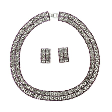 Faship Elegant Brilliant Purple Crystal Panther Link Choker Necklace Earrings Set -