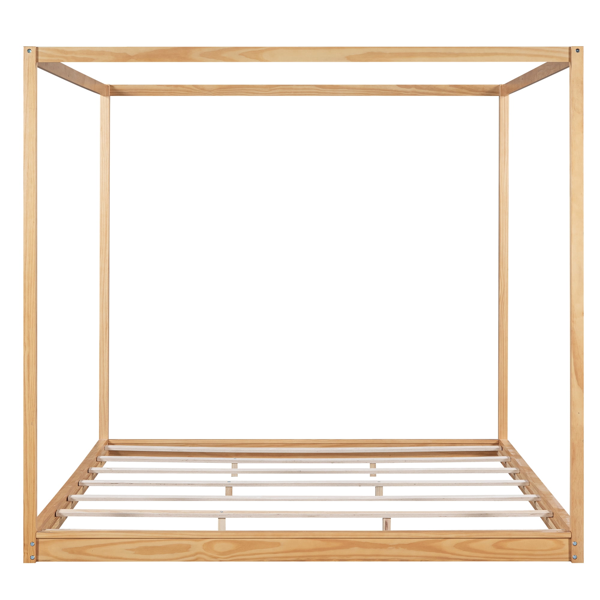 Harper & Bright Designs King Size Canopy Floor Platform Bed, Solid Wood 4 Post Canopy Bed Frame for Boys Girls Adult, Natural