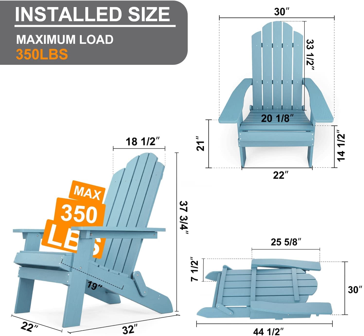 WINSOON Folding Adirondack Chair and Table Set 3 PCS Garden Outdoor Patio Chairs, Blue Finish