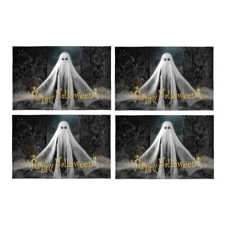 

MKHERT 3D Ghost Hovering Under Full Moon Halloween Concept Placemats Table Mats for Dining Room Kitchen Table Decoration 12x18 inch Set of 4