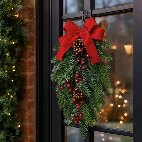 Christmas Teardrop Swag Upside Down Tree, Artificial Door Hanger with Velvet Bow, Flocked Snow Red Berries, Holiday Decor Indoor Outdoor