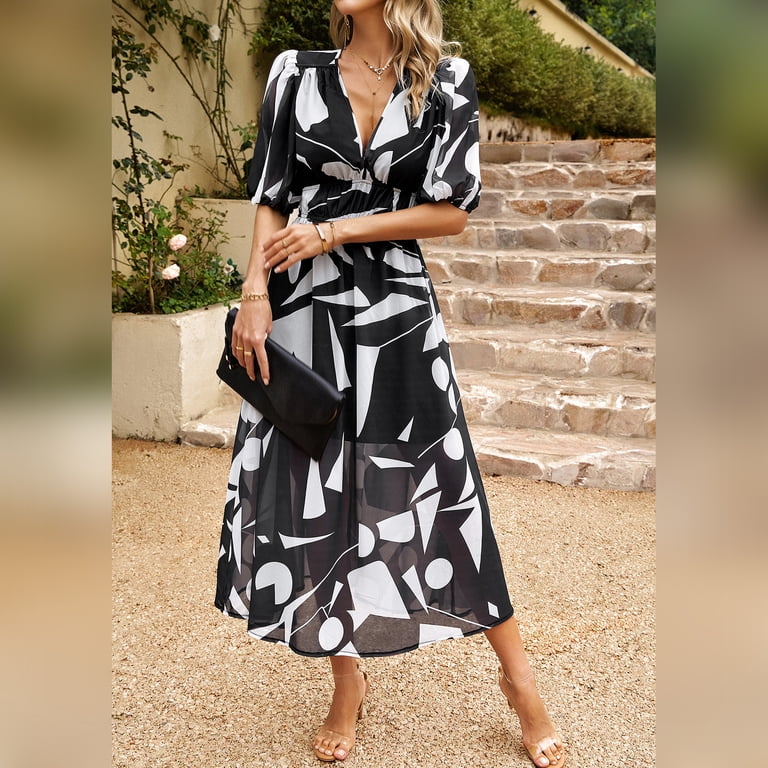 bohemian casual print v-neck waist wrap long dress Womens Long Beach Dress Boho Print V Neck Flowy Slit Maxi Dress Empire Waist Casual Dress