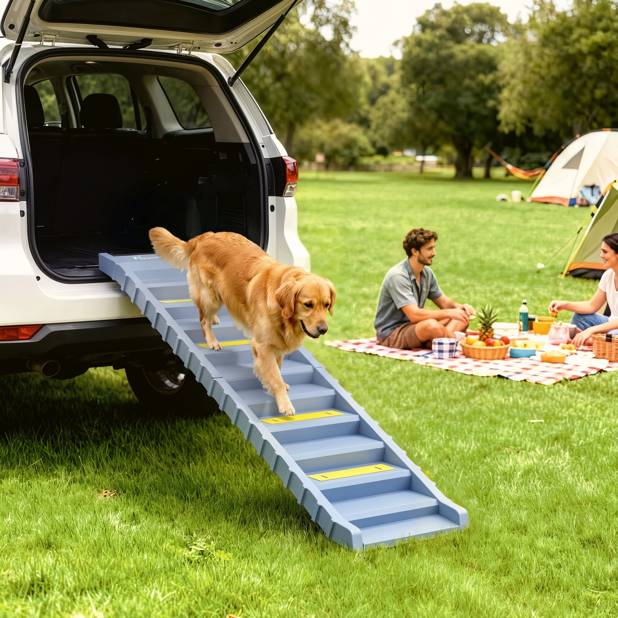 PawHut Dog Stairs for Car Truck SUV, Foldable Dog Ramp for Large Medium Small Dogs, Folding Pet Stairs with Non-slip Strips & Pads, Gray