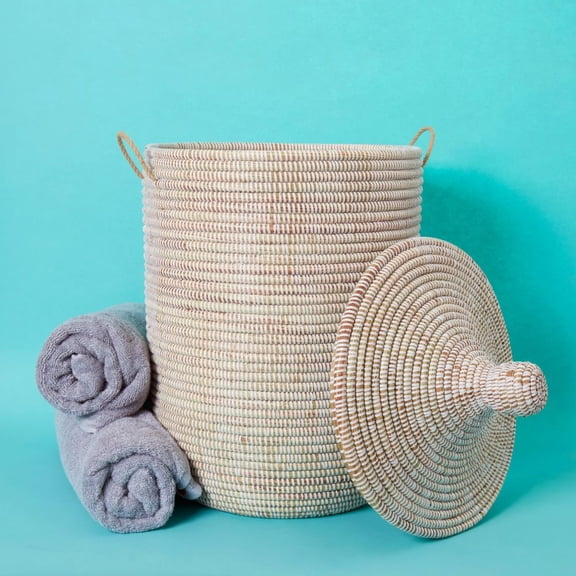 White Handwoven Wicker Baskets with Hooded Lids (Medium)