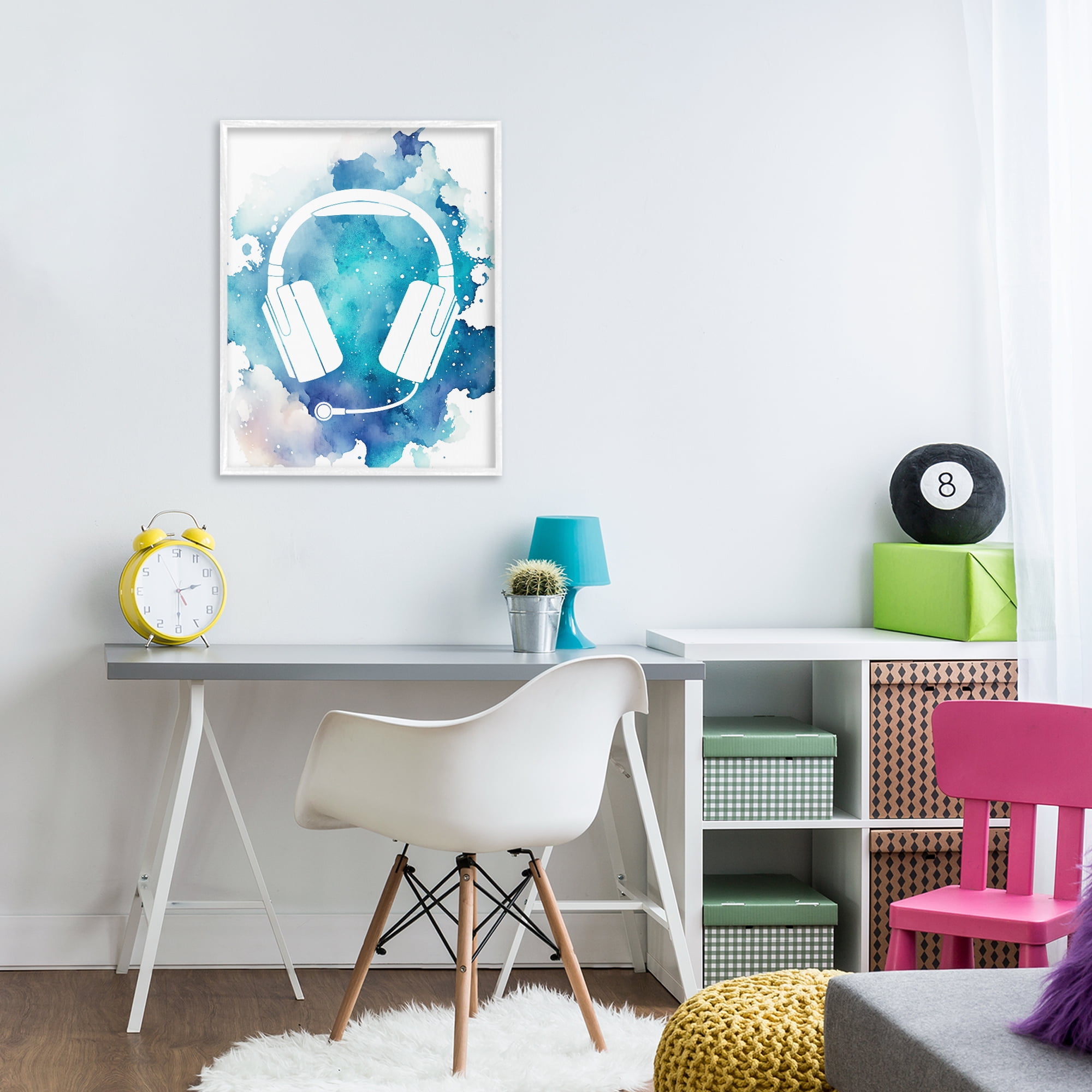 Blue Headphone Splatter White Framed Giclee Art, design by Marcus Prime