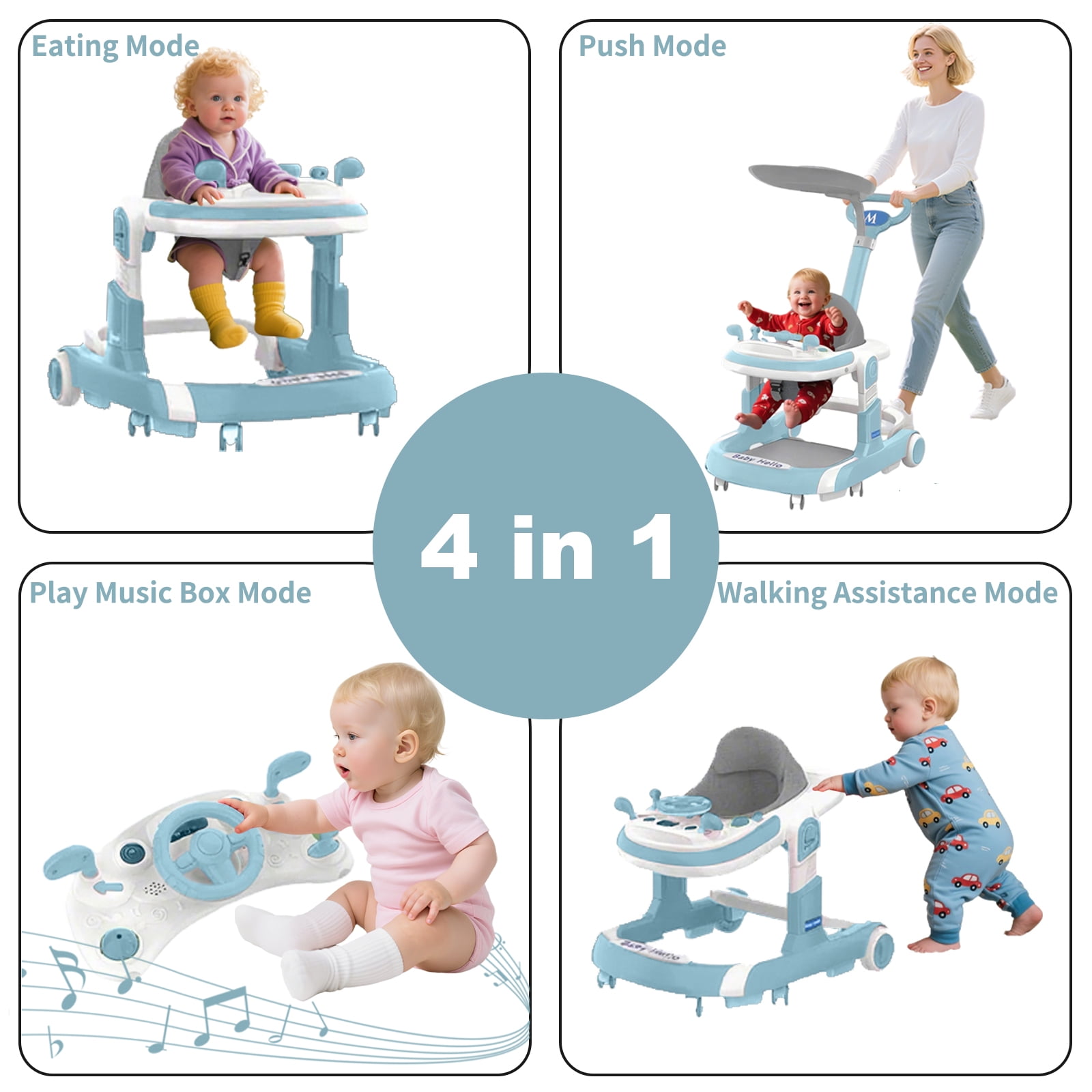 JieC 5-in-1 Foldable Baby Walker for 3 - 24 Months Baby Boys & Girls, with Toys Tray & Foot Pads/Handles，Blue